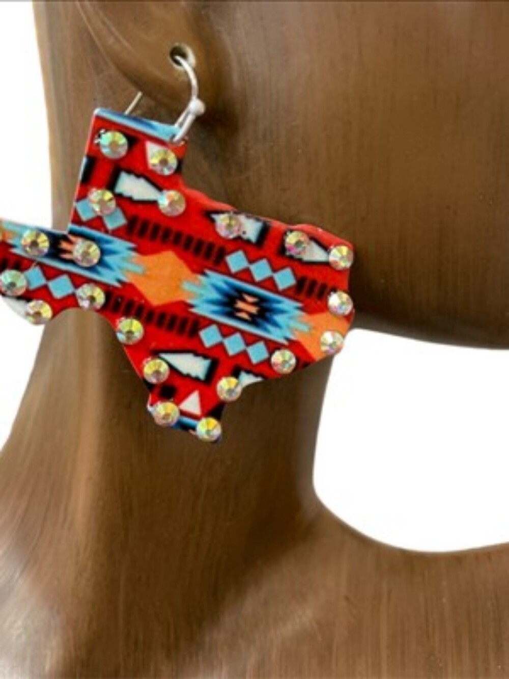 Patriotic Texas Map Dangle Earrings in Aztec Design